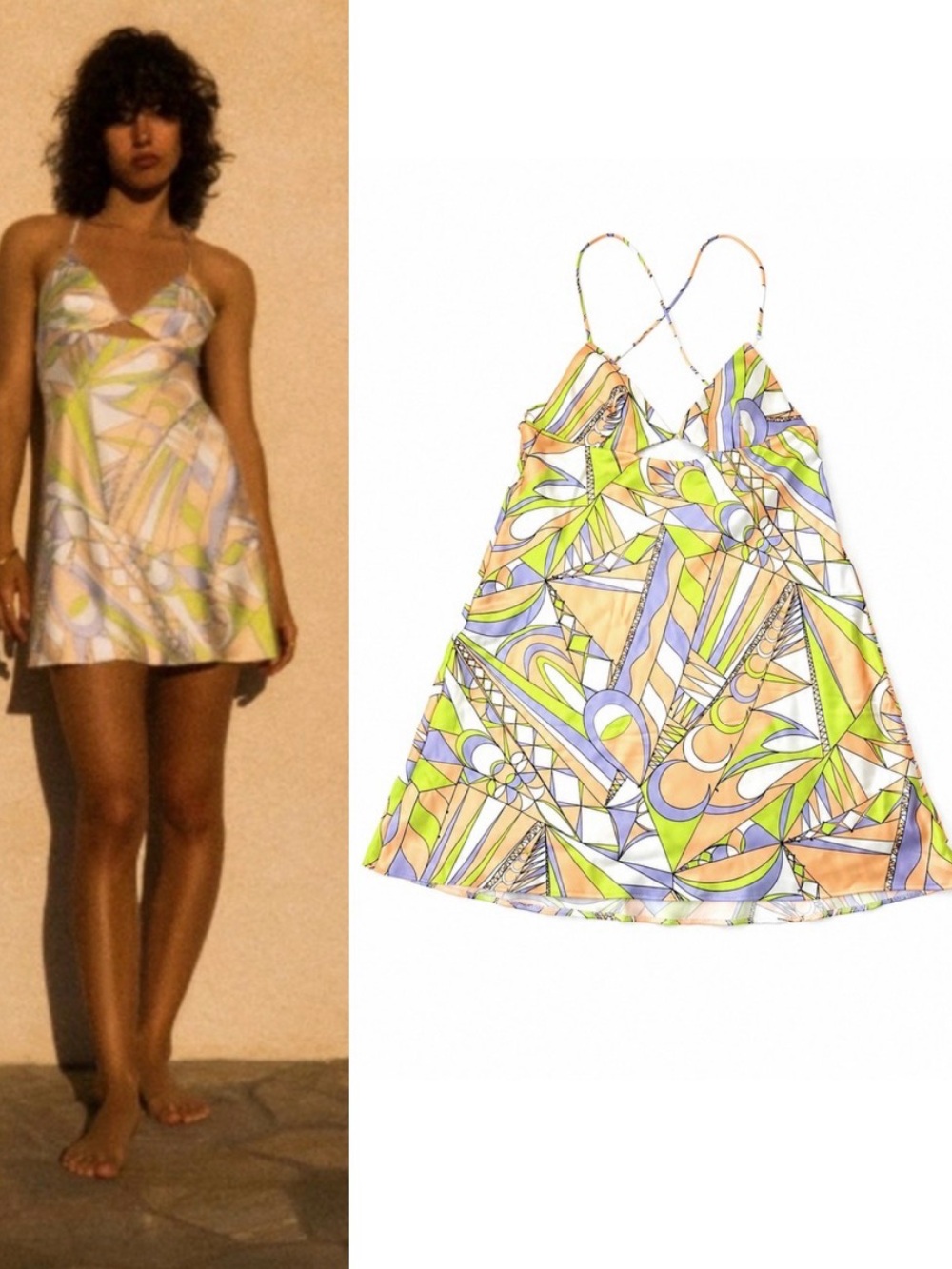 NWT Zara Satin Mini Dress XL Abstract Print Slip A-Line Spaghetti Strap Summer